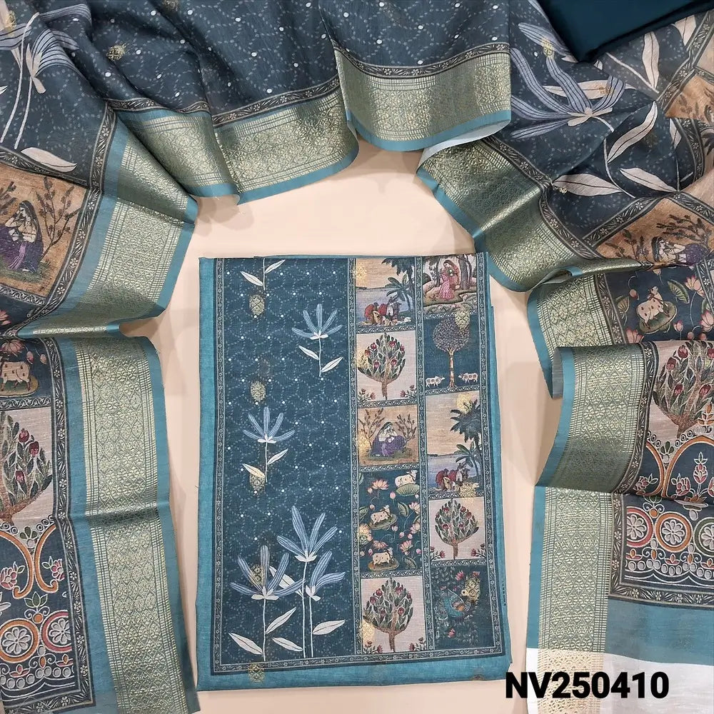 Light bluish grey silk cotton unstitched salwar material (lining needed) digital print on yoke, zari buttas allover, dark blue spun cotton bottom, digital printed silk cotton dupatta with zari borders (TAPING NEEDED). NV250410
