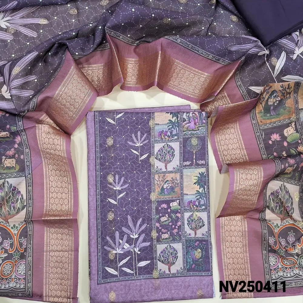Light purplish pink silk cotton unstitched salwar material (lining needed) digital print on yoke, zari buttas allover, dark wine purple spun cotton bottom, digital printed silk cotton dupatta with zari borders (TAPING NEEDED). NV250411