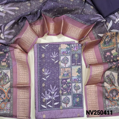 Light purplish pink silk cotton unstitched salwar material (lining needed) digital print on yoke, zari buttas allover, dark wine purple spun cotton bottom, digital printed silk cotton dupatta with zari borders (TAPING NEEDED). NV250411