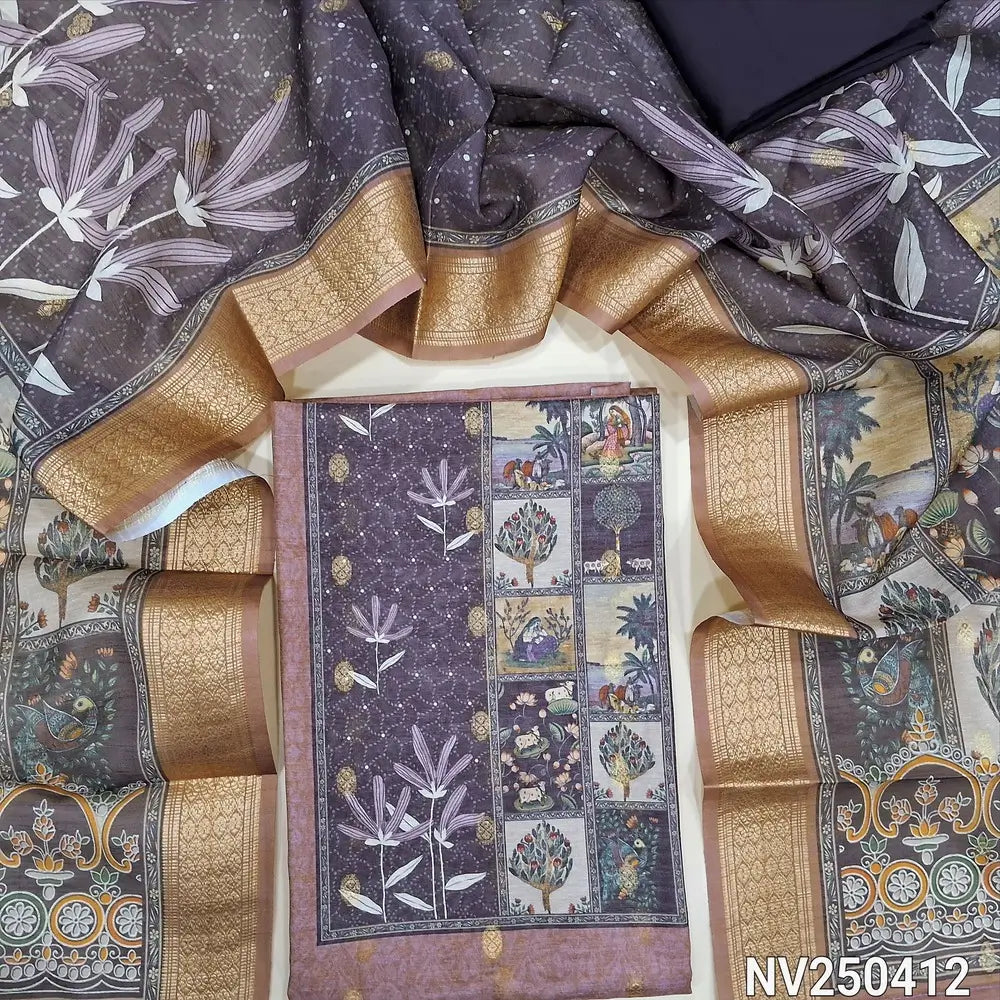 Onion Pink silk cotton unstitched salwar material (lining needed) digital print on yoke, zari buttas allover, dark maroon spun cotton bottom, digital printed silk cotton dupatta with zari borders (TAPING NEEDED). NV250412