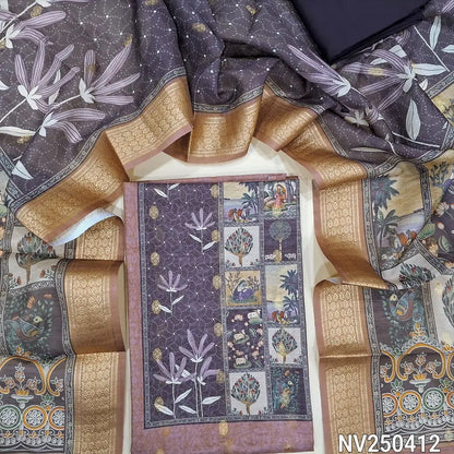 Onion Pink silk cotton unstitched salwar material (lining needed) digital print on yoke, zari buttas allover, dark maroon spun cotton bottom, digital printed silk cotton dupatta with zari borders (TAPING NEEDED). NV250412