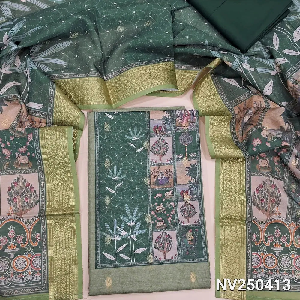 Pastel Green silk cotton unstitched salwar material (lining needed) digital print on yoke, zari buttas allover, dark green spun cotton bottom, digital printed silk cotton dupatta with zari borders (TAPING NEEDED). NV250413