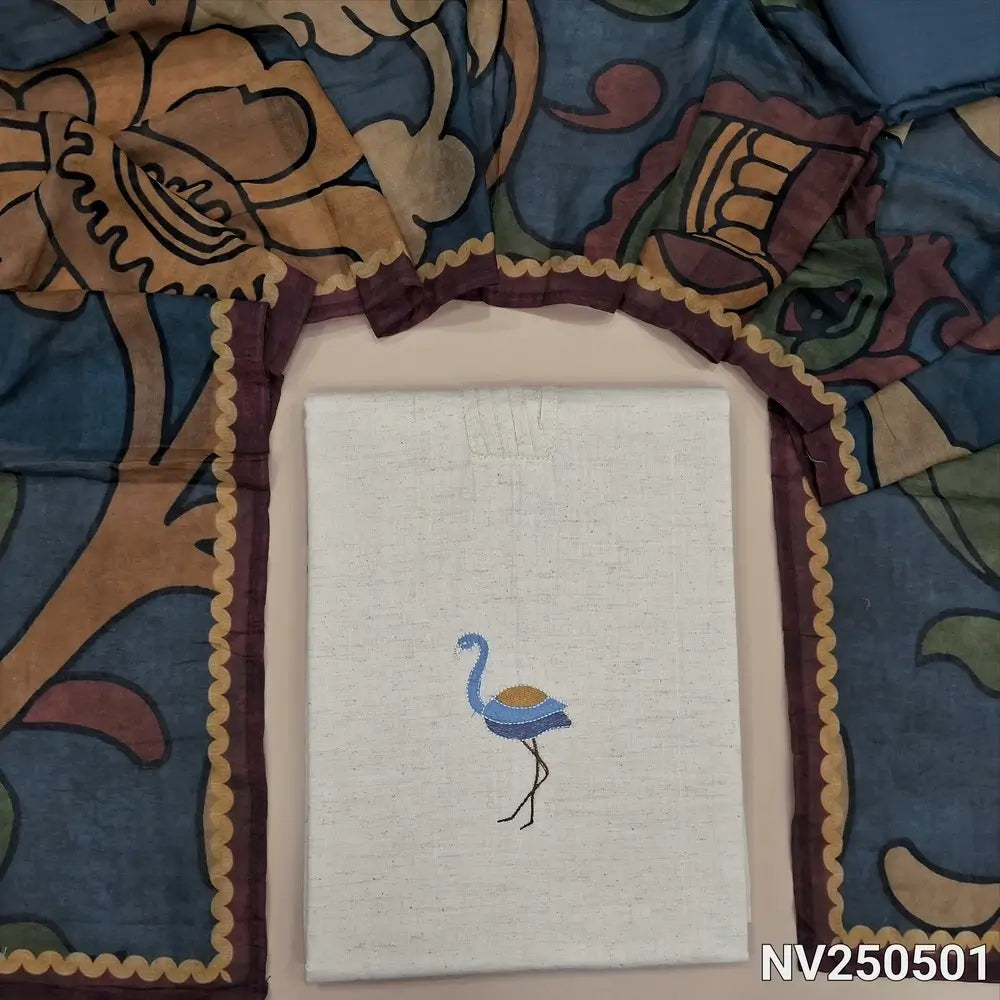 PREORDER SHIPPING AFTER 12 DAYS ONLY Half white soft flex cotton unstitched salwar material (Lining optional) simple embroidery on front, round notch neck, bluish grey cotton bottom, colorful kalamkari printed stole. NV250501