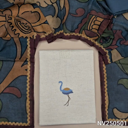 PREORDER SHIPPING AFTER 12 DAYS ONLY Half white soft flex cotton unstitched salwar material (Lining optional) simple embroidery on front, round notch neck, bluish grey cotton bottom, colorful kalamkari printed stole. NV250501