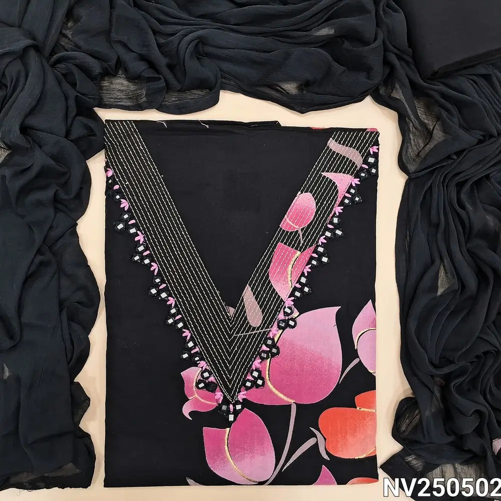 Black soft ctton unstitched salwar material (Lining optional) brush paint work allover, thread, real mirror work on yoke, V neck, matching cotton bottom, plain chiffon dupatta with tapings. NV250502