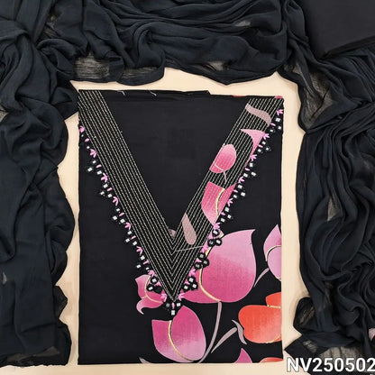 Black soft ctton unstitched salwar material (Lining optional) brush paint work allover, thread, real mirror work on yoke, V neck, matching cotton bottom, plain chiffon dupatta with tapings. NV250502