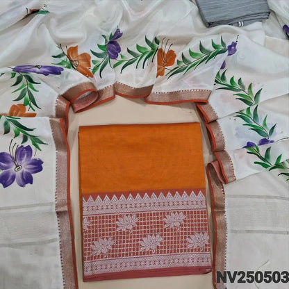 Orange mangalgiri silk unstitched salwar material (Lining Needed) silver zari woven on daman, silver grey silk cotton bottom, hand brush paint work on mangalgiri silk dupatta. NV250503