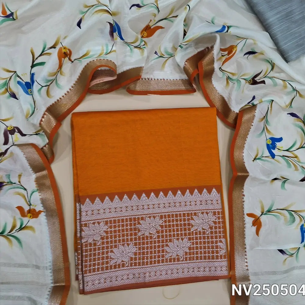 Orange mangalgiri silk unstitched salwar material (Lining Needed) silver zari woven on daman, silver grey silk cotton bottom, hand brush paint work on mangalgiri silk dupatta. NV250504