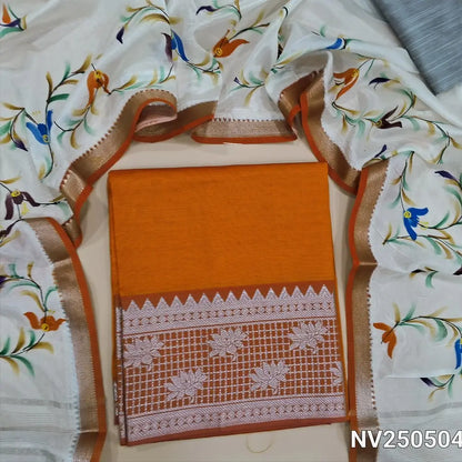 Orange mangalgiri silk unstitched salwar material (Lining Needed) silver zari woven on daman, silver grey silk cotton bottom, hand brush paint work on mangalgiri silk dupatta. NV250504