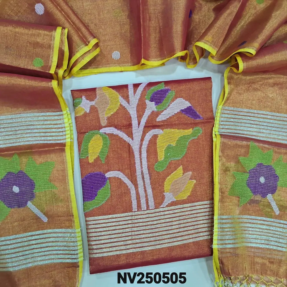 Brick red with golden tint designer jamdani woven pure tissue linen unstitched salwar material(thin, lining needed), NO BOTTOM, jamdani woven pure tissue linen dupatta with tissue borders& tassels. NV250505