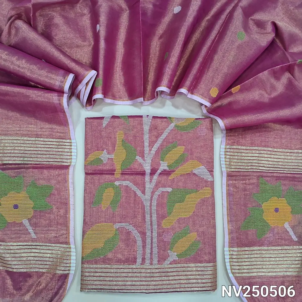 Pink with golden tint designer jamdani woven pure tissue linen unstitched salwar material(thin, lining needed), NO BOTTOM, jamdani woven pure tissue linen dupatta with tissue borders& tassels. NV250506