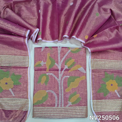 Pink with golden tint designer jamdani woven pure tissue linen unstitched salwar material(thin, lining needed), NO BOTTOM, jamdani woven pure tissue linen dupatta with tissue borders& tassels. NV250506