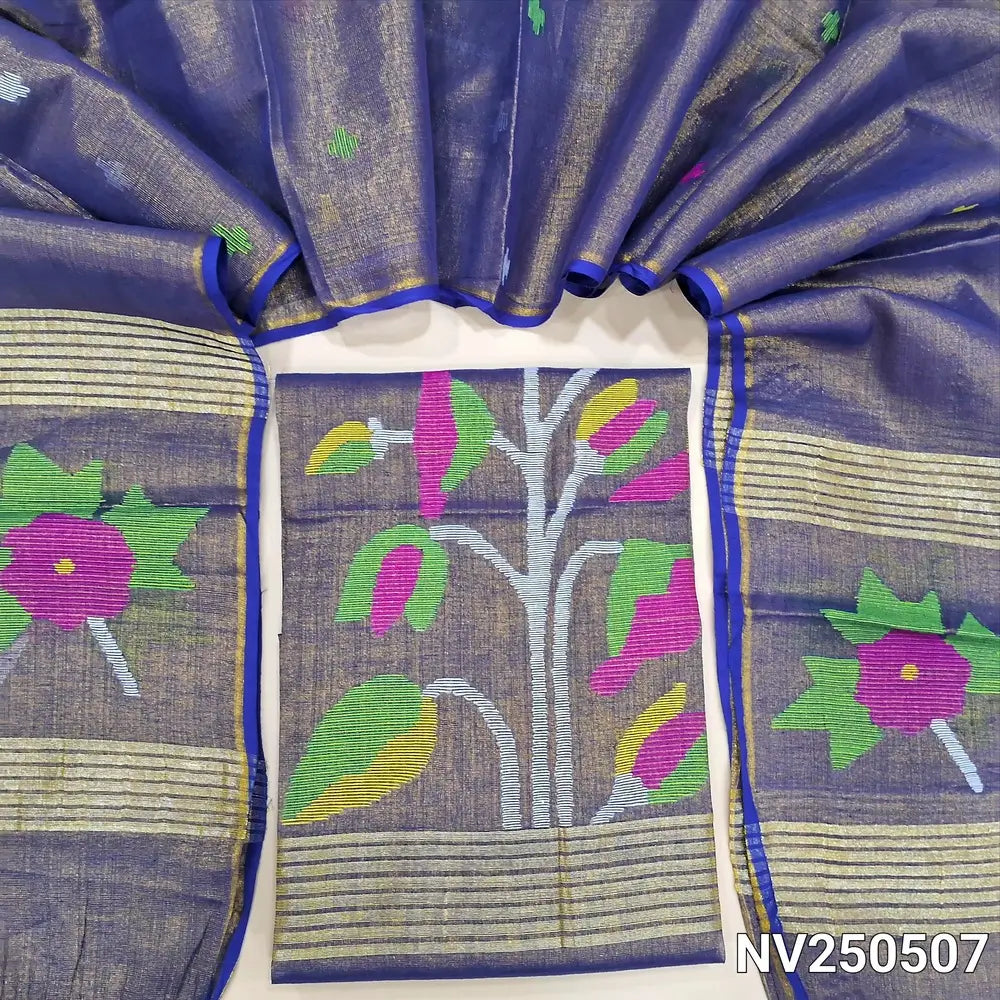Dark blue with golden tint designer jamdani woven pure tissue linen unstitched salwar material(thin, lining needed), NO BOTTOM, jamdani woven pure tissue linen dupatta with tissue borders& tassels. NV250507