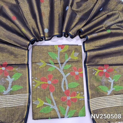 Olive green with golden tint designer jamdani woven pure tissue linen unstitched salwar material(thin, lining needed), NO BOTTOM, jamdani woven pure tissue linen dupatta with tissue borders& tassels. NV250508