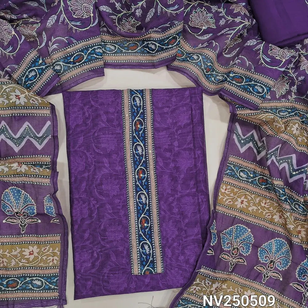 Digital printed dark purple silk cotton unstitched salwar material (lining needed)  kantha stitch work on yoke & daman, matching santoon bottom, kantha stitch work on digital silk cotton short width dupatta. NV250509