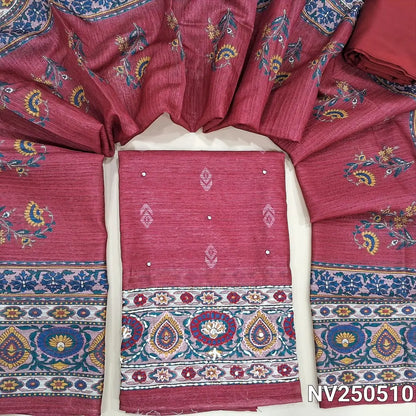 Printed maroon jute silk unstitched salwar material (textured, lining needed) hand embroidery work on daman, matching silk cotton bottom, digital printed jute silk dupatta. NV250510