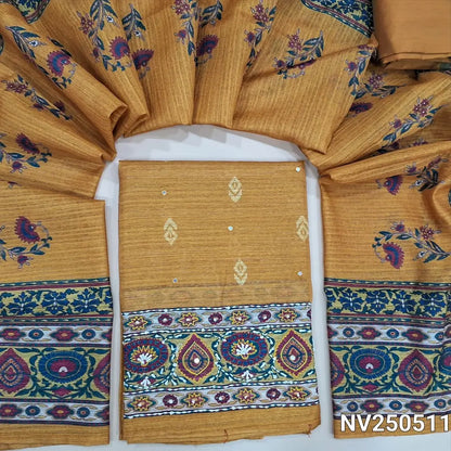 Printed mehandhi yellow jute silk unstitched salwar material (textured, lining needed) hand embroidery work on daman, matching silk cotton bottom, digital printed jute silk dupatta. NV250511