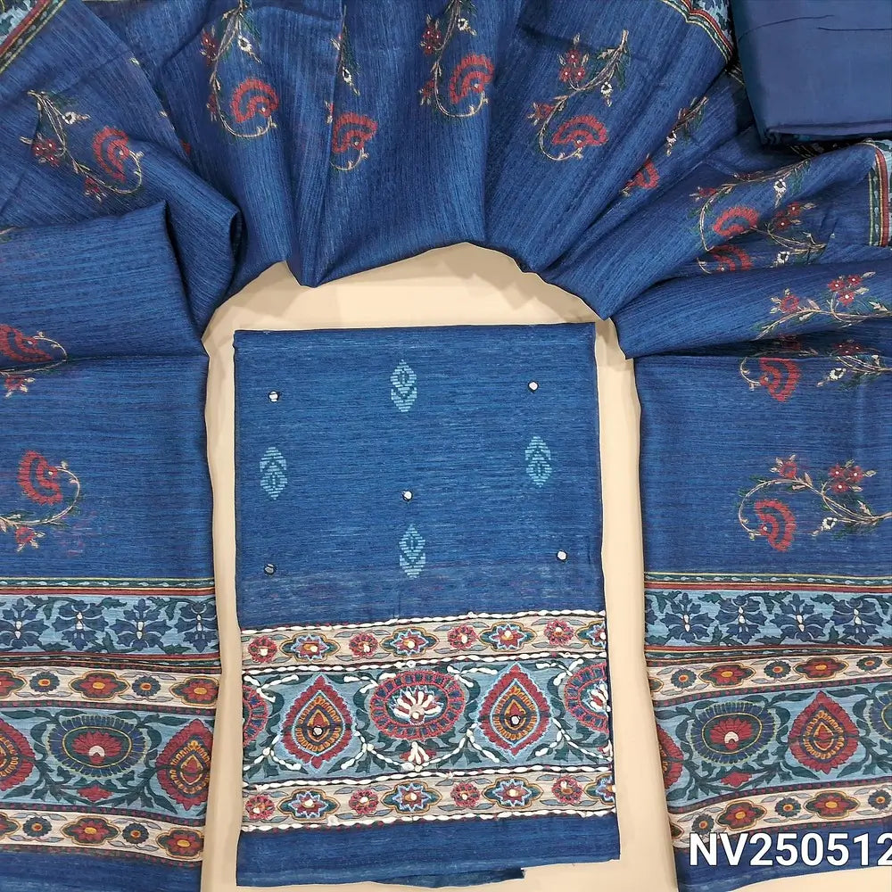 Printed dark blue jute silk unstitched salwar material (textured, lining needed) hand embroidery work on daman,  matching silk cotton bottom, digital printed jute silk dupatta. NV250512