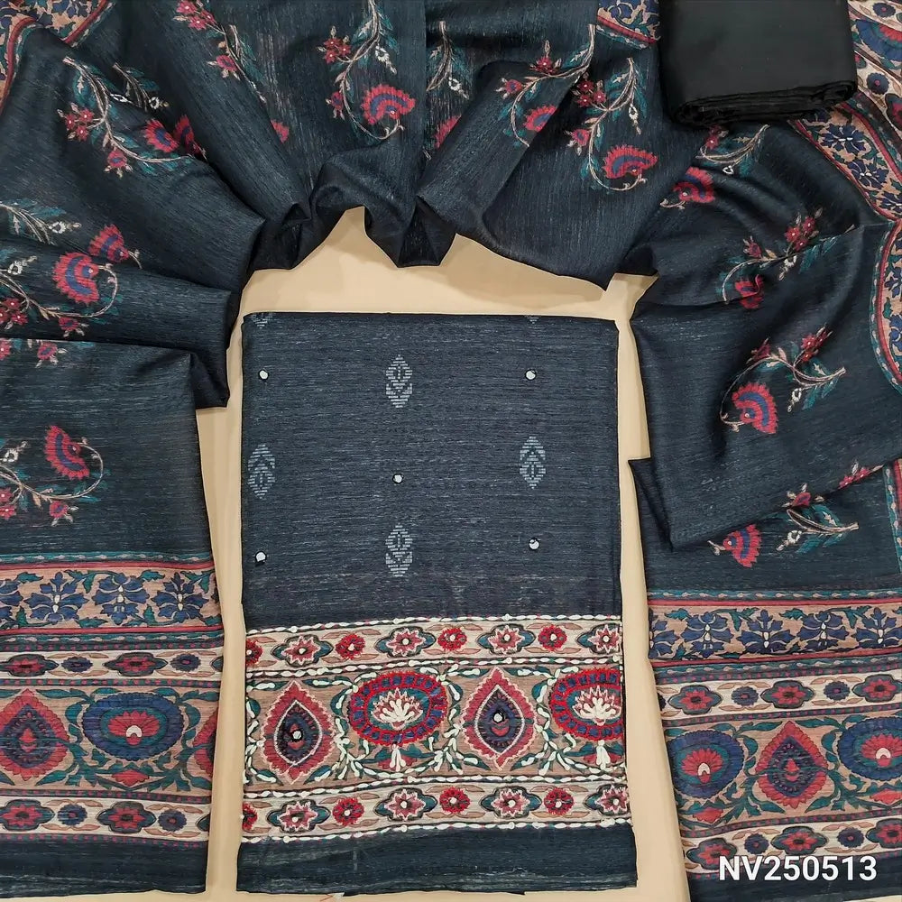 Printed black jute silk unstitched salwar material (textured, lining needed) hand embroidery work on daman,  matching silk cotton bottom, digital printed jute silk dupatta. NV250513