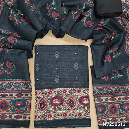 Printed black jute silk unstitched salwar material (textured, lining needed) hand embroidery work on daman,  matching silk cotton bottom, digital printed jute silk dupatta. NV250513