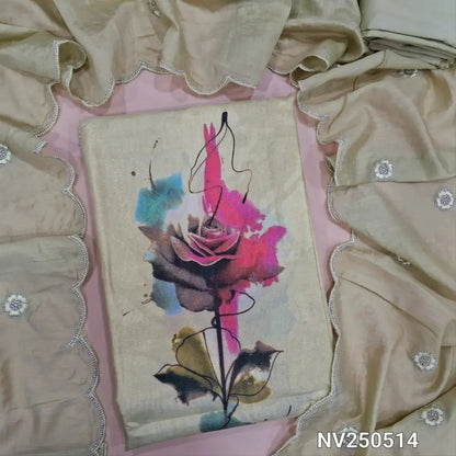 Light Green digital printed tissue silk cotton unstitched salwar material, v neck with embroidered(thin, lining needed)matching silky bottom, floral embroidery work on silk cotton shorth width dupatta. NV250514