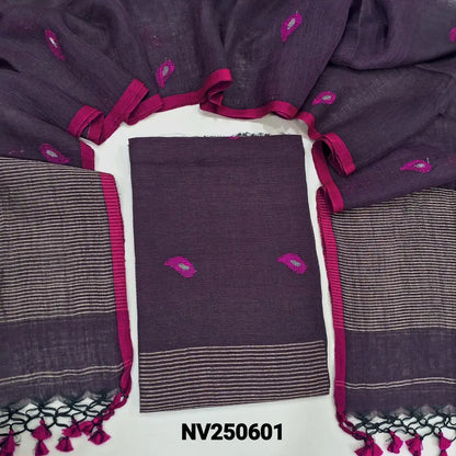 PREORDER SHIPPING AFTER 1 WEEK Designer deep wine purple pure linen jamdani unstitched salwar material (ining needed) hand woven design on front, zari lines on daman, NO BOTTOM, jamdani woven pure linen dupatta with zari lines pallu & tassels. NV250601