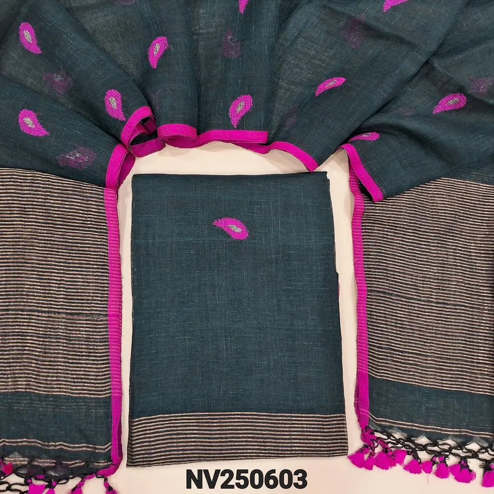 Designer dark teal green pure linen jamdani unstitched salwar material (textured, lining needed) hand woven design on front, zari lines on daman, NO BOTTOM, jamdani woven pure linen dupatta with zari lines pallu & tassels. NV250603