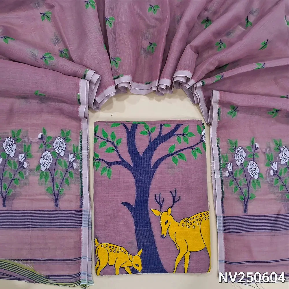 Onion pink fancy slub silk cotton unstitched salwar material, complete thread weaving all over (Thin, Textured, Lining Needed) NO BOTTOM, Thread woven slub silk cotton full length dupatta (TAPINGS NEEDED). NV250604