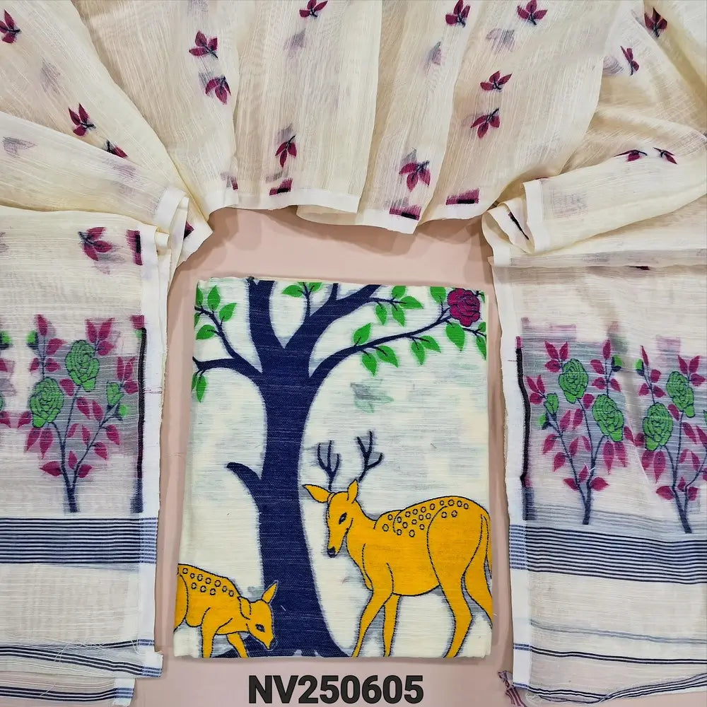 Half white fancy slub silk cotton unstitched salwar material, complete thread weaving all over (Thin, Textured, Lining Needed) NO BOTTOM, Thread woven slub silk cotton full length dupatta (TAPINGS NEEDED). NV250605