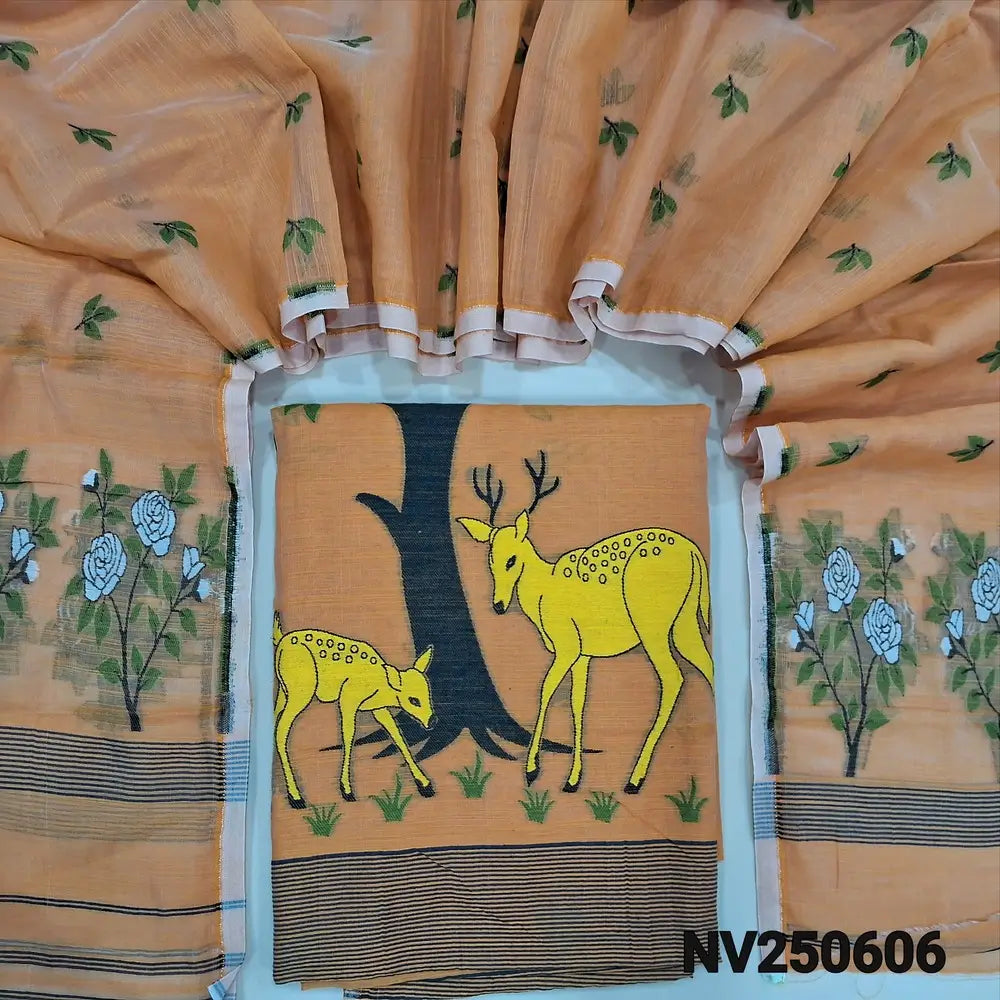 Dark peach fancy slub silk cotton unstitched salwar material, complete thread weaving all over (Thin, Textured, Lining Needed) NO BOTTOM, Thread woven slub silk cotton full length dupatta (TAPINGS NEEDED).  NV250606