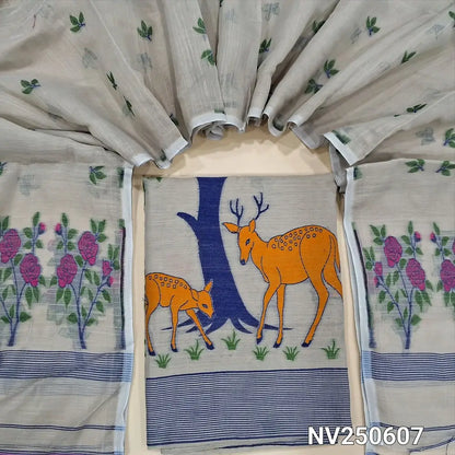 Light Grey fancy slub silk cotton unstitched salwar material, complete thread weaving all over (Thin, Textured, Lining Needed) NO BOTTOM, Thread woven slub silk cotton full length dupatta (TAPINGS NEEDED).  NV250607