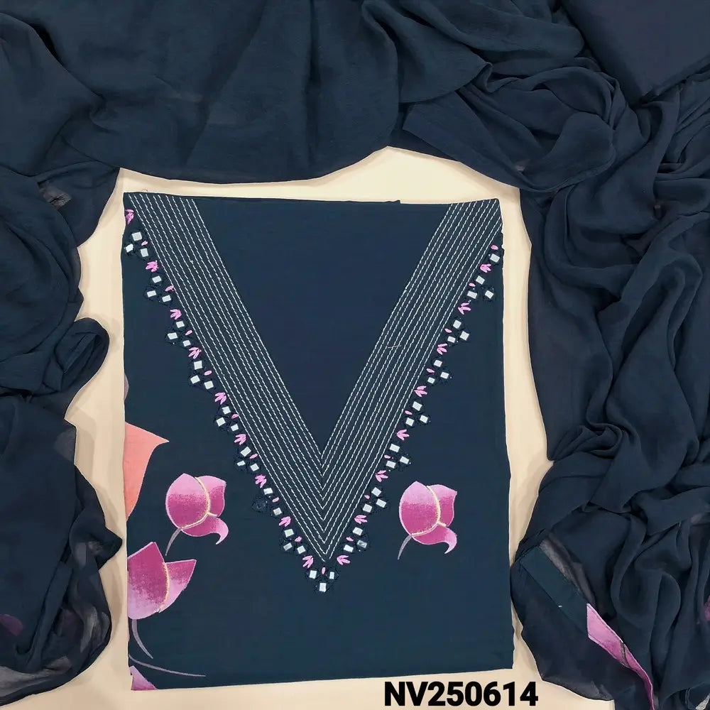 Blue soft cotton unstitched salwar material (Lining optional) brush paint work allover, thread, real mirror work on yoke, V neck, matching cotton bottom, plain chiffon dupatta with tapings. NV250614