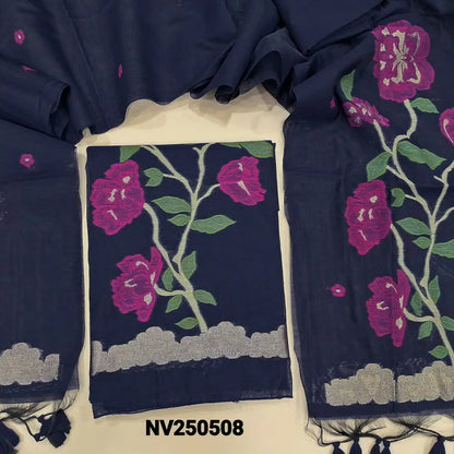 Dark blue jamdani woven premium silk cotton unstitched salwar material, rich jamdani woven daman(thin, lining needed)matching silk cotton bottom, rich jamdani woven premium silk cotton full length dupatta with tassels. NV250608