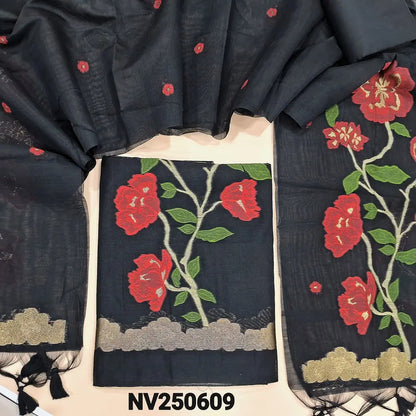 Black jamdani woven premium silk cotton unstitched salwar material, rich jamdani woven daman(thin, lining needed)matching silk cotton bottom, rich jamdani woven premium silk cotton full length dupatta with tassels. NV250609