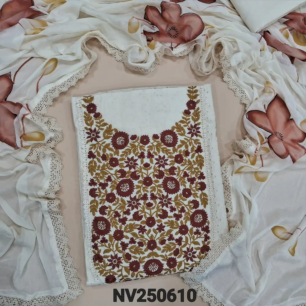 Half white schiffli embroidered cotton unstitched salwar material, maroon floral embroidered on yoke(lining needed)matching cotton bottom, brush painted fancy chiffon dupatta with lace tapings. NV250610