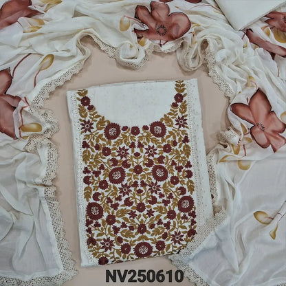 Half white schiffli embroidered cotton unstitched salwar material, maroon floral embroidered on yoke(lining needed)matching cotton bottom, brush painted fancy chiffon dupatta with lace tapings. NV250610