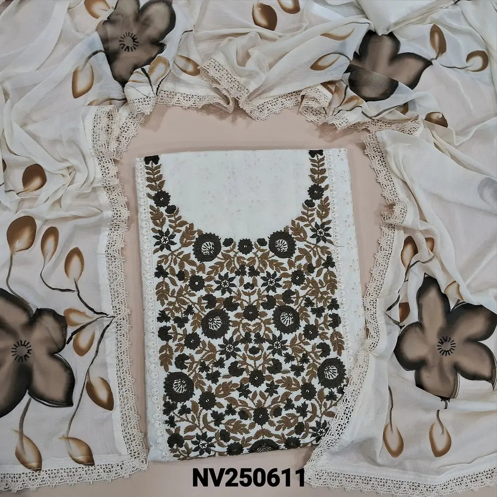 Half white schiffli embroidered cotton unstitched salwar material, olive green floral embroidered on yoke(lining needed)matching cotton bottom, brush painted fancy chiffon dupatta with lace tapings. NV250611