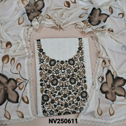Half white schiffli embroidered cotton unstitched salwar material, olive green floral embroidered on yoke(lining needed)matching cotton bottom, brush painted fancy chiffon dupatta with lace tapings. NV250611