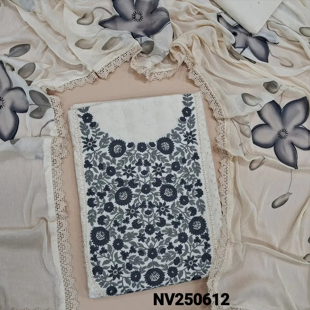 Half white schiffli embroidered cotton unstitched salwar material, grey floral embroidered on yoke(lining needed)matching cotton bottom, brush painted fancy chiffon dupatta with lace tapings. NV250612