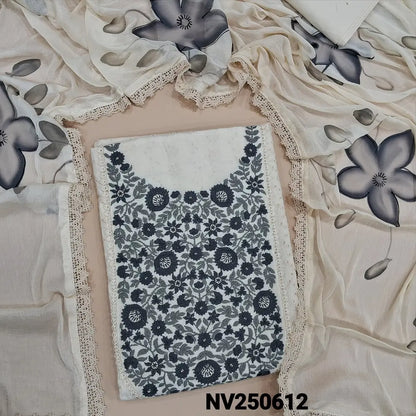 Half white schiffli embroidered cotton unstitched salwar material, grey floral embroidered on yoke(lining needed)matching cotton bottom, brush painted fancy chiffon dupatta with lace tapings. NV250612