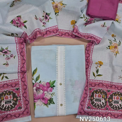 Pastel blue premium linen unstitched salwar material (Lining needed) simple yoke, floral print allover, sequins, bead work on front,  pink silk cotton bottom, floral printed linen short width dupatta. NV250613