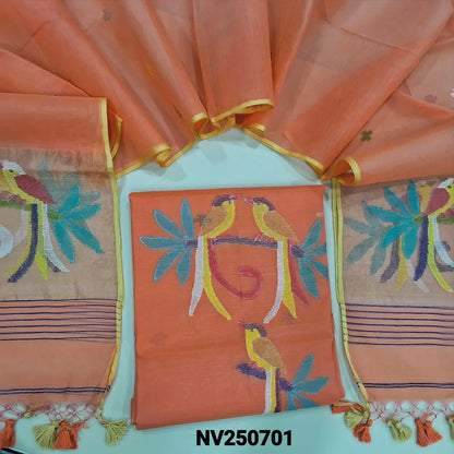 Peach muslin jamdani unstitched salwar material, thread weaving on yoke& front(thin, lining needed)NO BOTTOM, muslin jamdani full length dupatta with gold tissue pallu& paithani weaving. NV250701