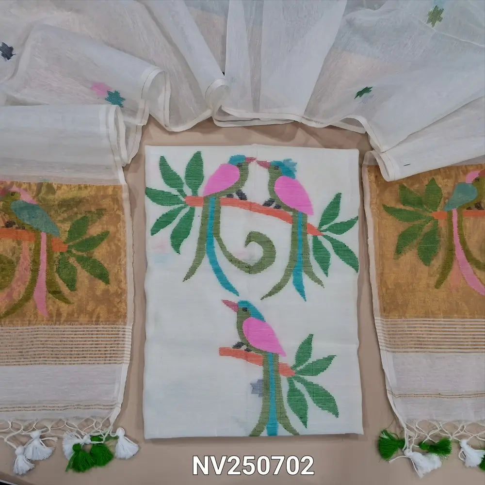 Half white muslin jamdani unstitched salwar material, thread weaving on yoke& front(thin, lining needed)NO BOTTOM, muslin jamdani full length dupatta with gold tissue pallu& paithani weaving. NV250702