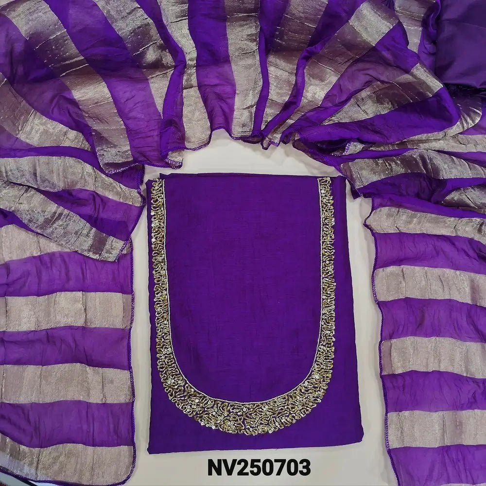 Violet soft silk cotton unstitched salwar material (Lining needed) cut, sugar bead, sequins on yoke, matching silky bottom, tissue lines silk cotton dupatta. NV250703