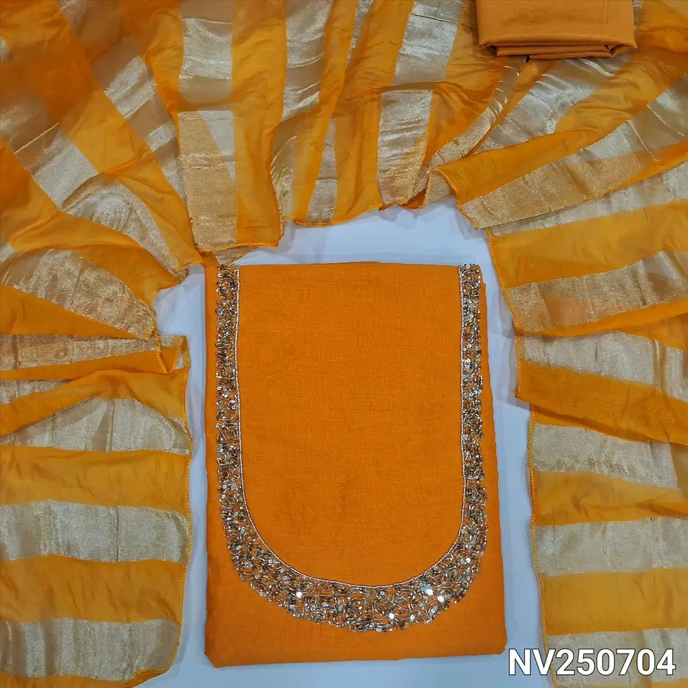 Bright  yellowish Orange soft silk cotton unstitched salwar material (Lining needed) cut, sugar bead, sequins on yoke, matching silky bottom, tissue lines silk cotton dupatta. NV250704