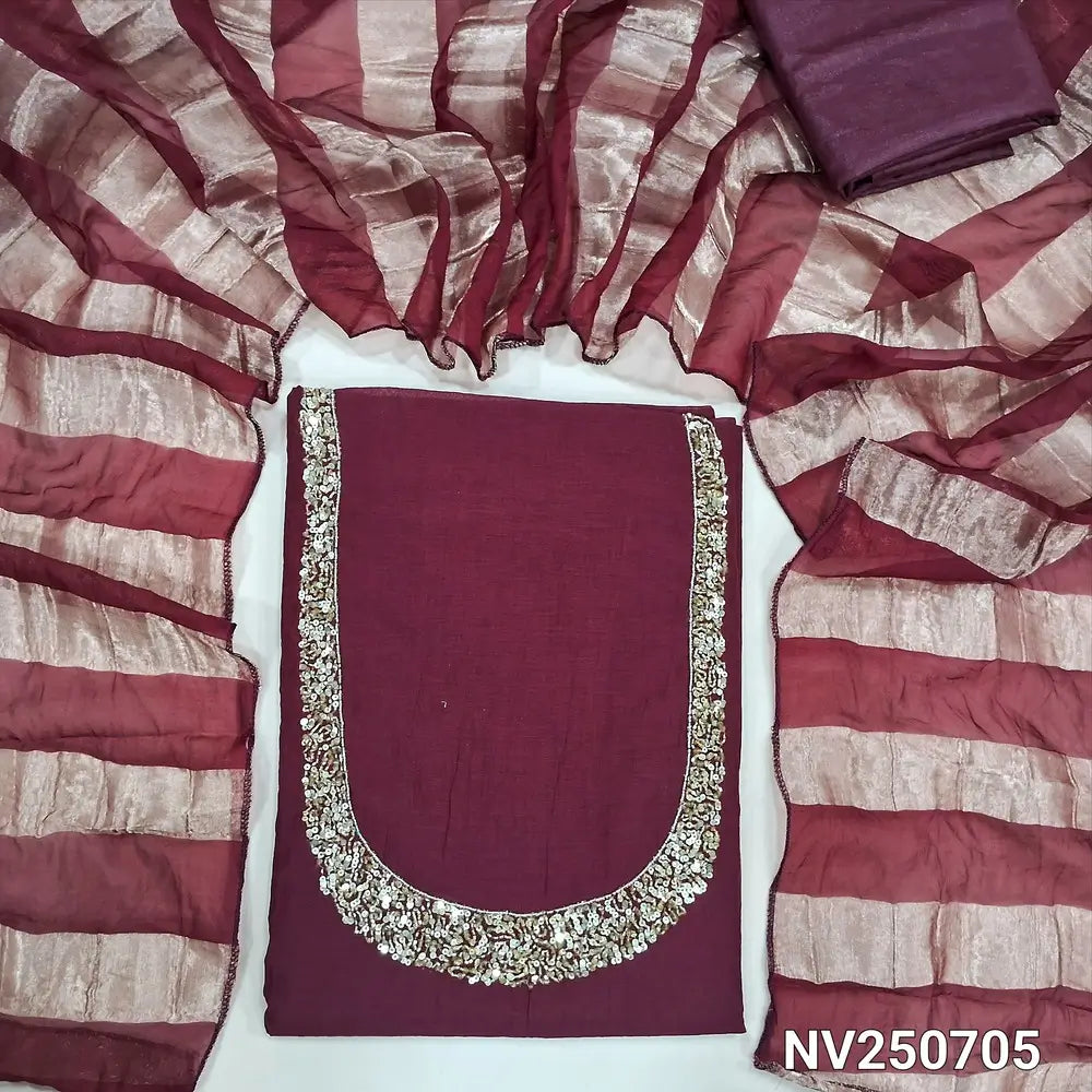 Dark Maroon soft silk cotton unstitched salwar material (Lining needed) cut, sugar bead, sequins on yoke, matching silky bottom, tissue lines silk cotton dupatta. NV250705