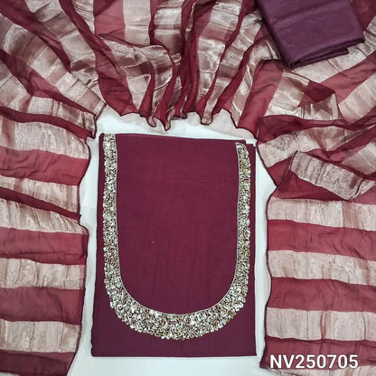 Dark Maroon soft silk cotton unstitched salwar material (Lining needed) cut, sugar bead, sequins on yoke, matching silky bottom, tissue lines silk cotton dupatta. NV250705