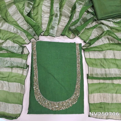Leafy green  soft silk cotton unstitched salwar material (Lining needed) cut, sugar bead, sequins on yoke, matching silky bottom, tissue lines silk cotton dupatta. NV250706