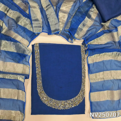 Blue soft silk cotton unstitched salwar material (Lining needed) cut, sugar bead, sequins on yoke, matching silky bottom, tissue lines silk cotton dupatta. NV250707