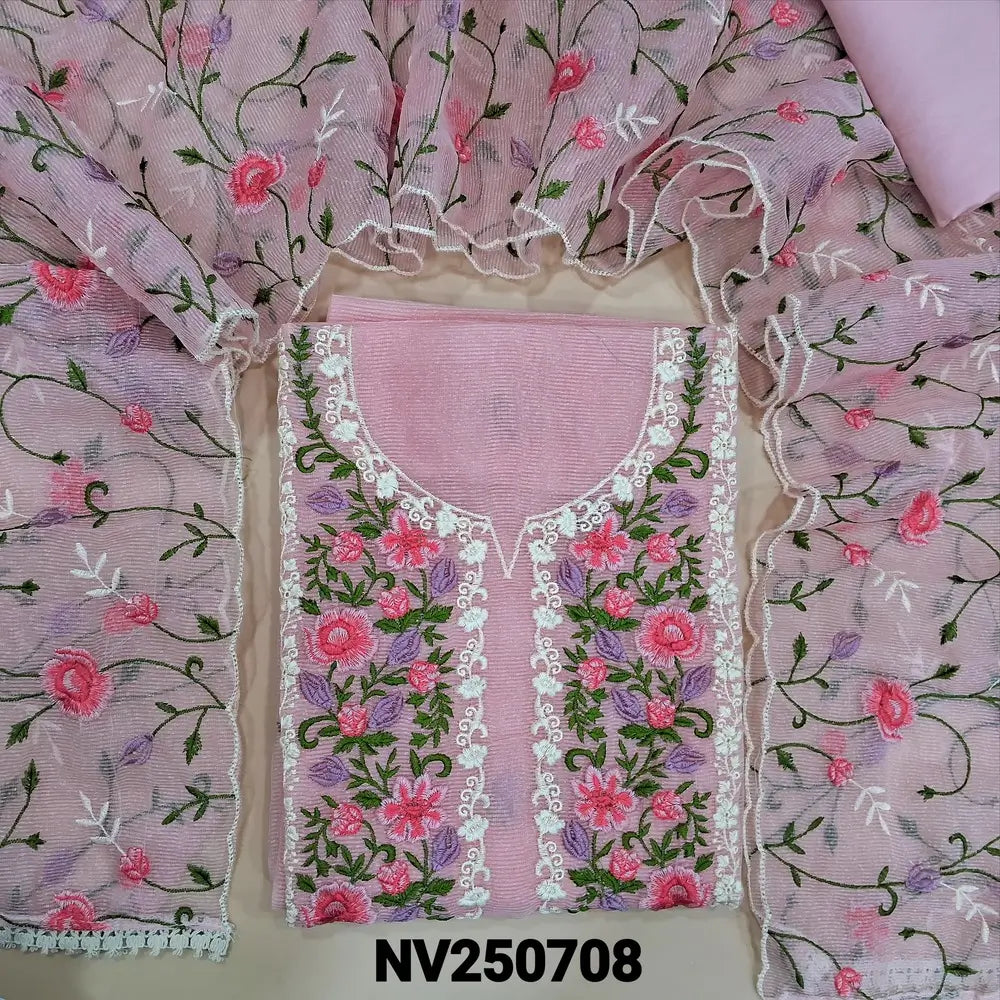 Pastel Pink noil unstitched salwar material (Lining needed)embroidery work on yoke & front, matching silky bottom, embroidery work on noil dupatta with scalped borders. NV250708